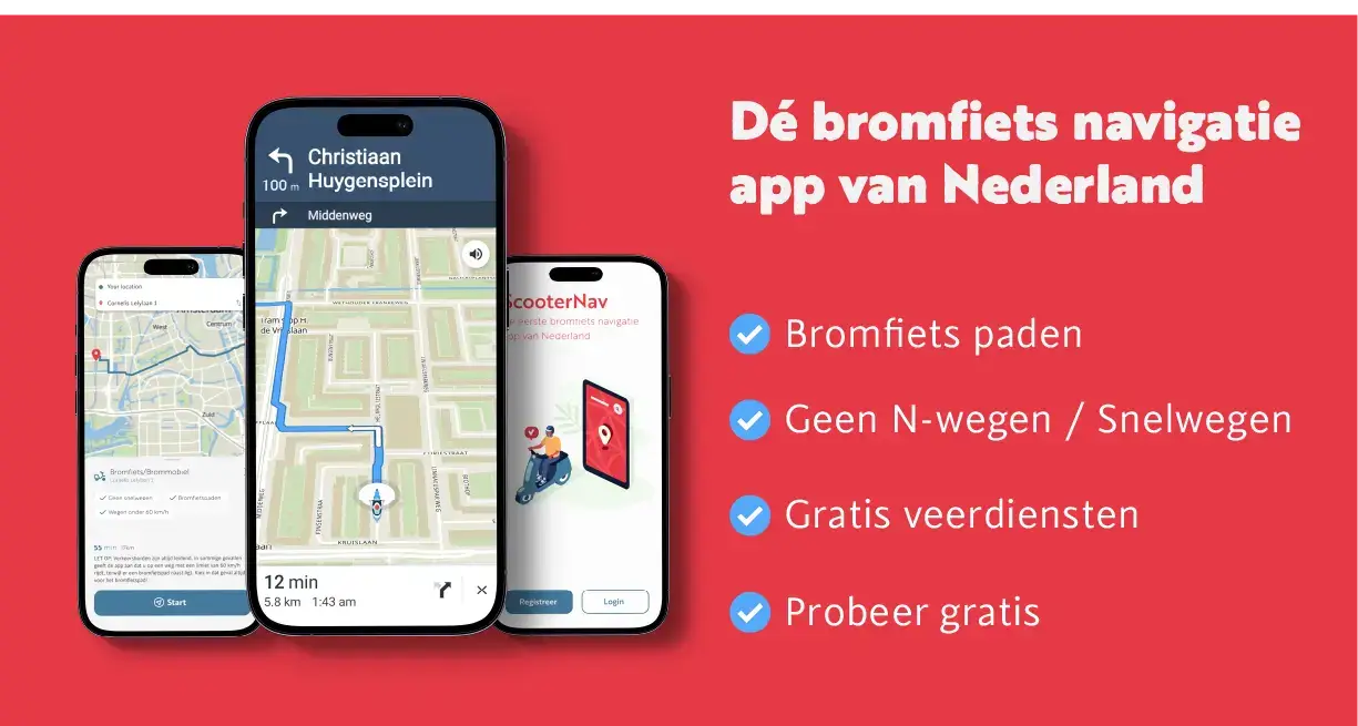 ScooterNav interface met bromfietsspecifieke route