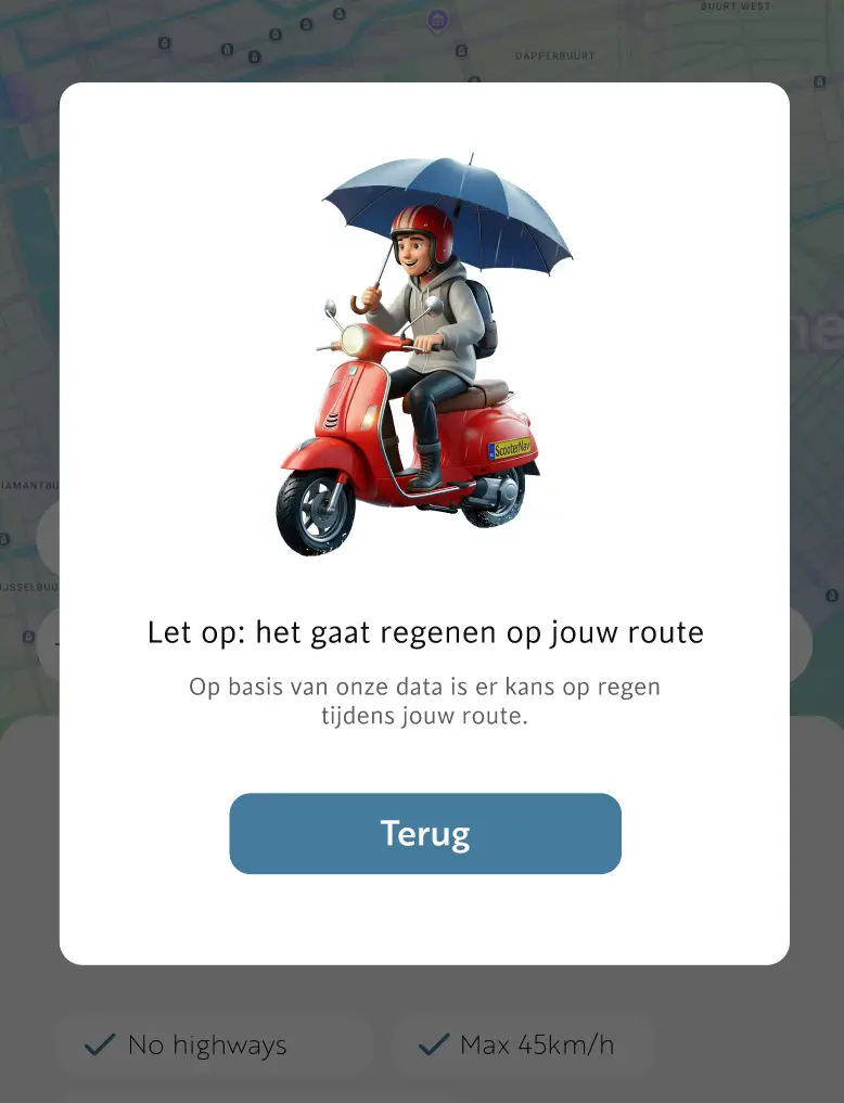 ScooterNav 1.8 toont een melding dat het gaat regenen op de geplande bromfietsroute